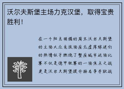 沃尔夫斯堡主场力克汉堡,取得宝贵胜利!